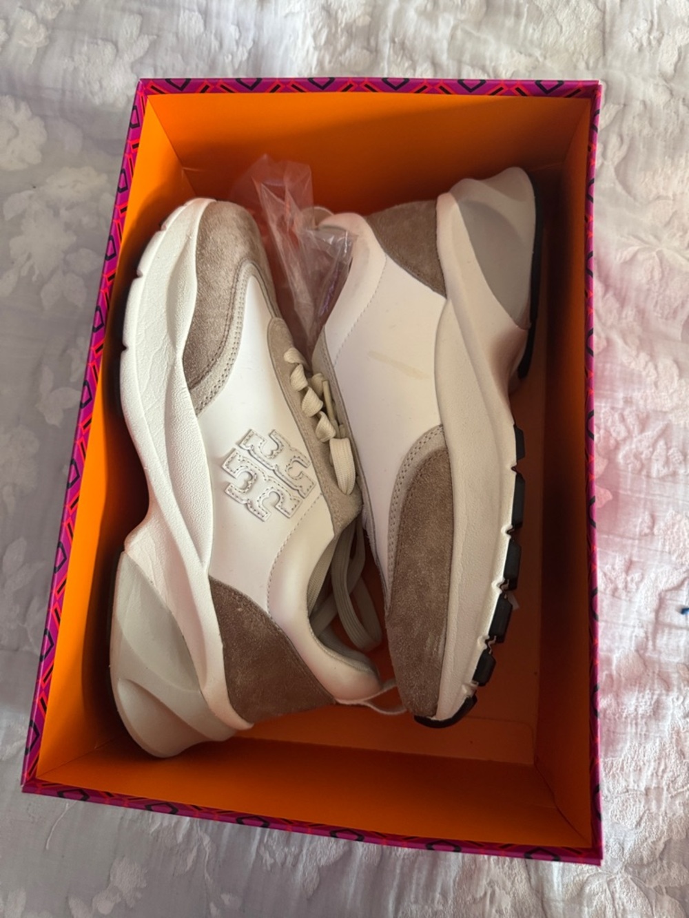 Tory Burch White and Taupe Suede-Accent Sneakers